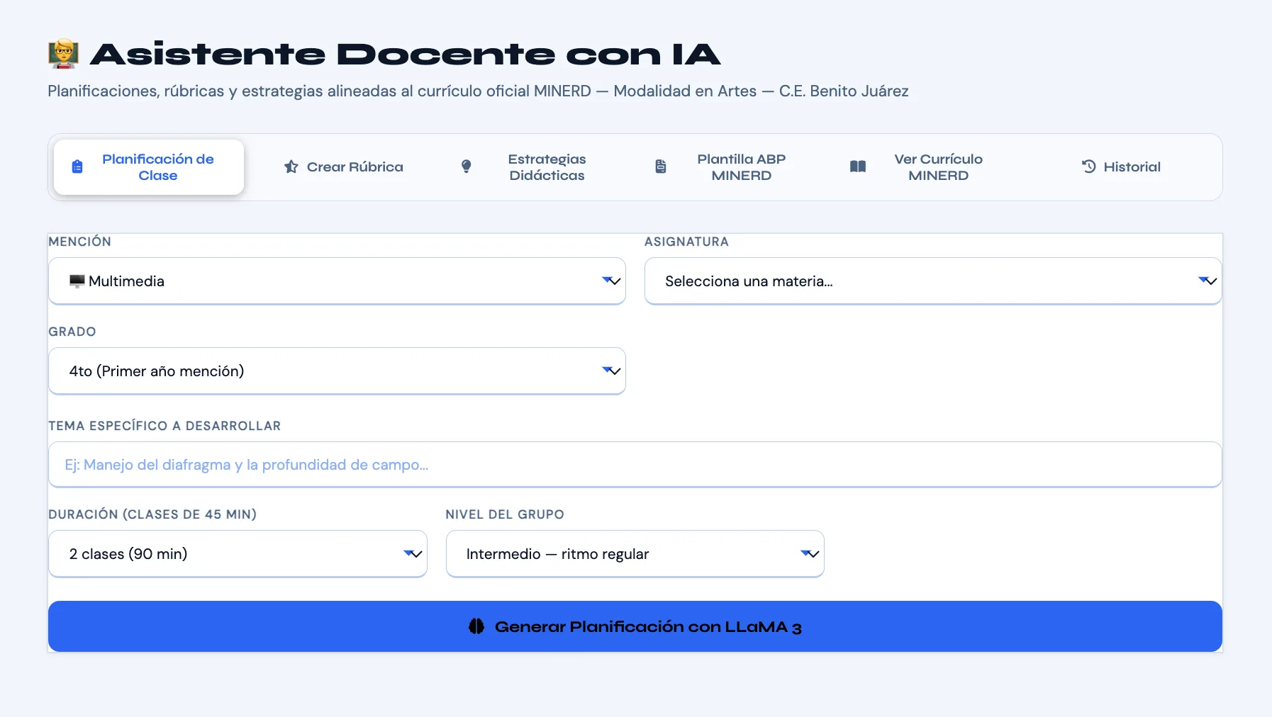 Asistente Docente con IA en Axula generando planificación de clase alineada al currículo MINERD