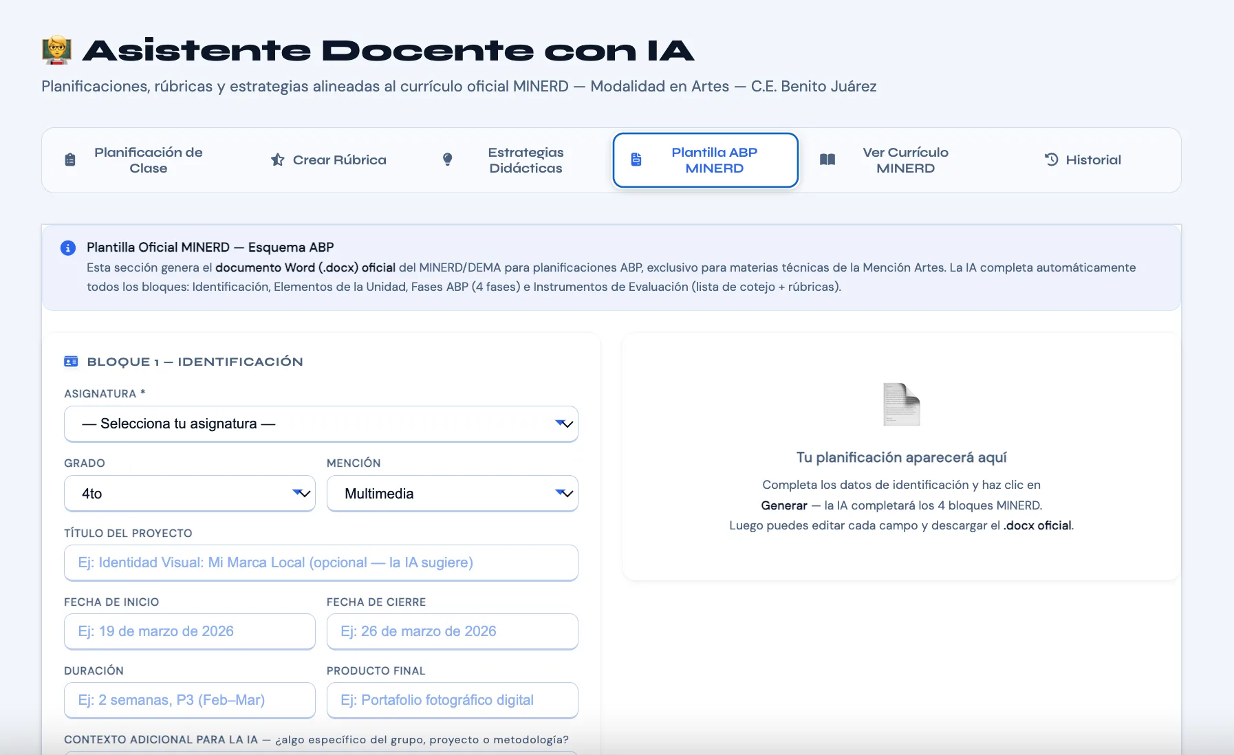 Generador de plantilla ABP oficial MINERD en Word con IA dentro de Axula