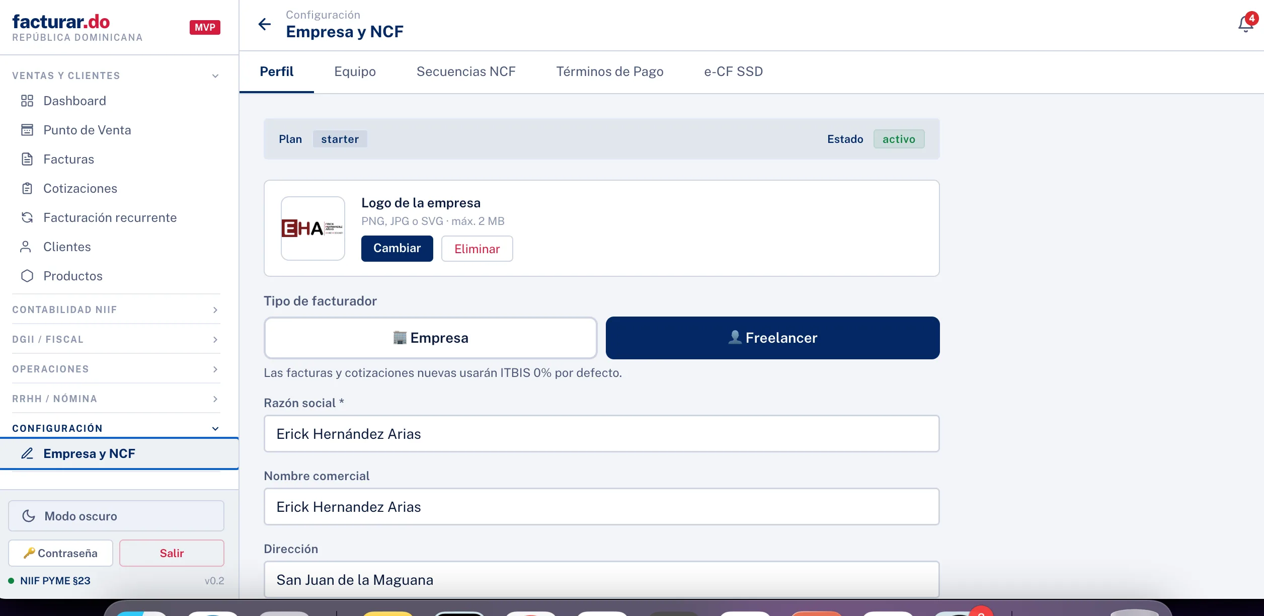 Configuración de empresa y NCF en facturar.do — perfil fiscal y secuencias de comprobantes