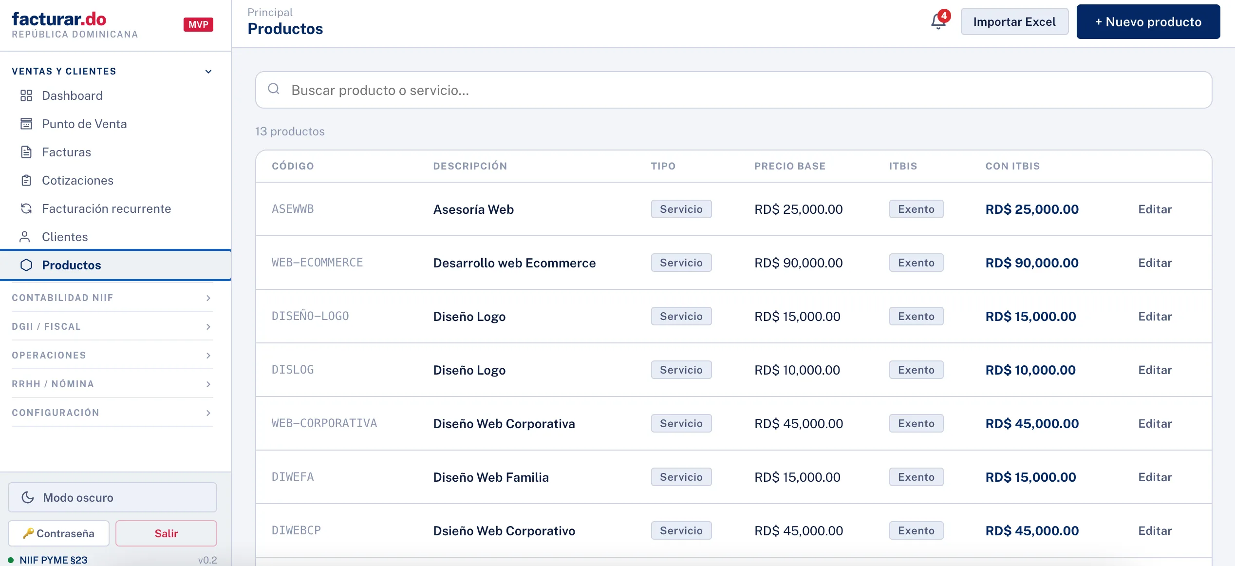 Catálogo de productos y servicios en facturar.do con precio base e ITBIS